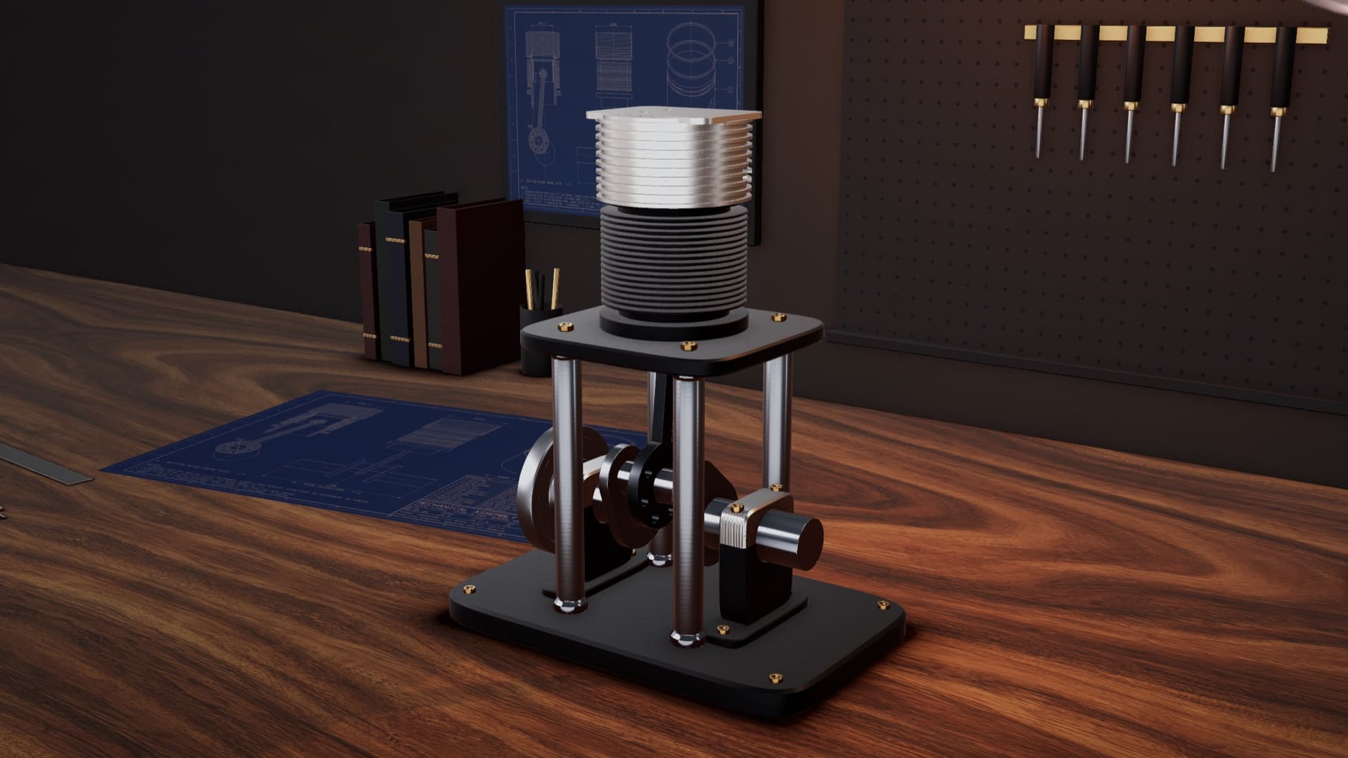 The assembled single-cylinder crank assembly on its display stand