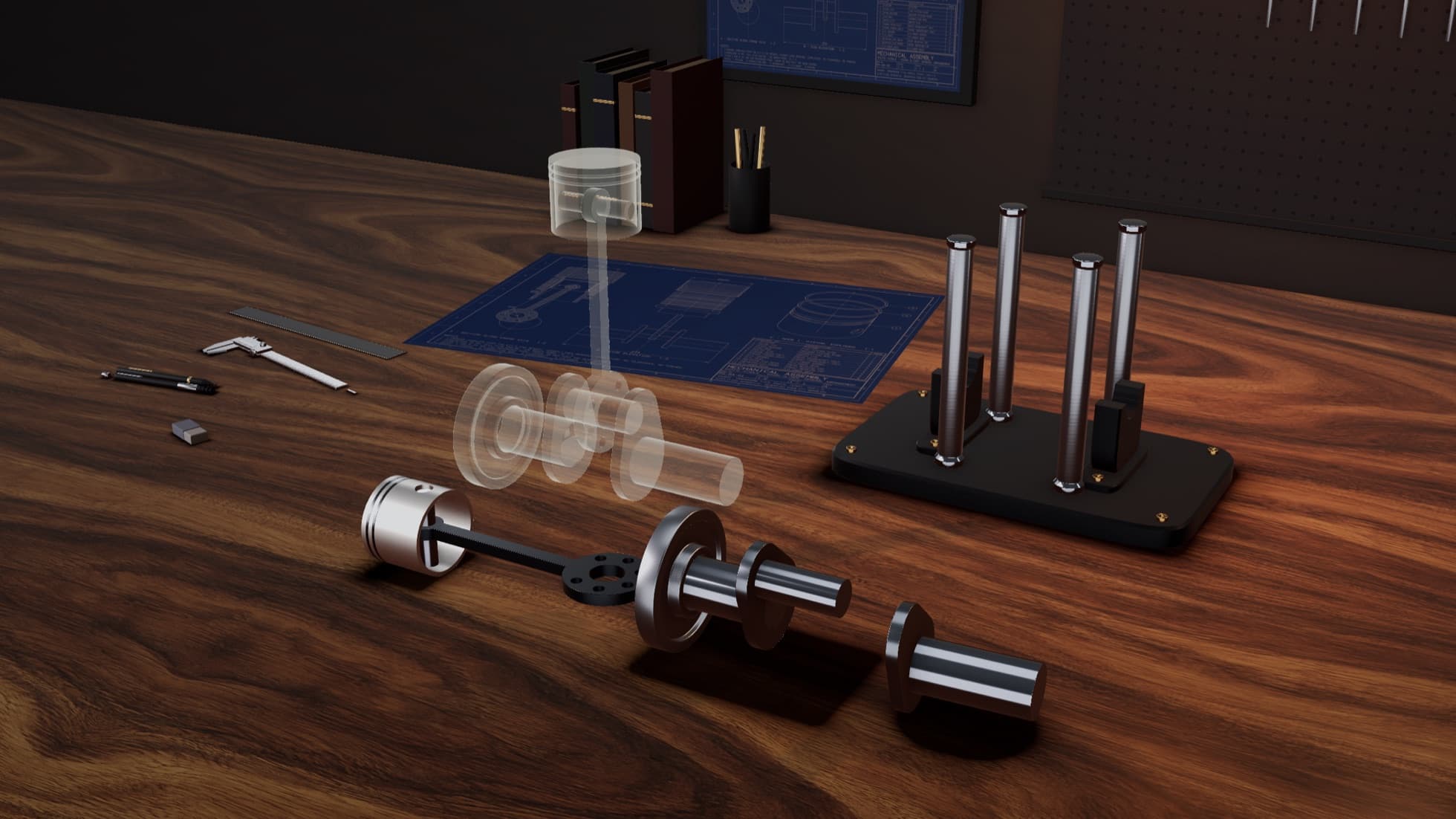 The crankshaft subassembly with its silhouette, rendered in the 3D assembly module